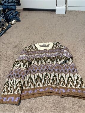 Anthropologie Fair Isle Crewneck Sweater in Cream, Brown & Lavender